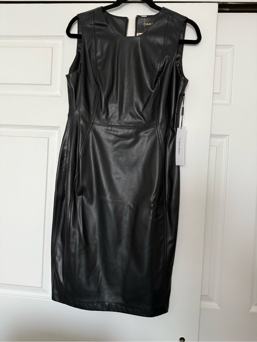 Calvin Klein Black Faux Leather Midi Sheath Dress